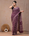 Indiehaat | Mulmul Cotton Saree burgundy Color Handblock Printed with Running Blouse