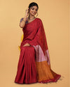 Silk Linen Plain Saree Red Color with contrast border and attached Running Blouse-Indiehaat