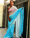 Surreal Pure Linen Saree Hand Embroidered White & Blue