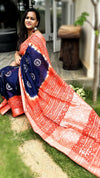 Cotton Linen Batik Print Saree Ink Blue Body Orange Pallu with running blouse-Indiehaat