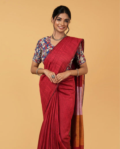Fiery Silk Linen Handdyed Red Contrast Pallu Saree