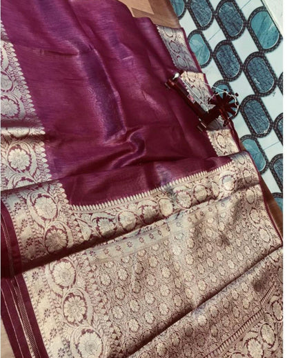 Artistic Banarasi Silk Linen Cherrywine Handloom Saree