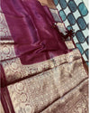 Artistic Banarasi Silk Linen Cherrywine Handloom Saree