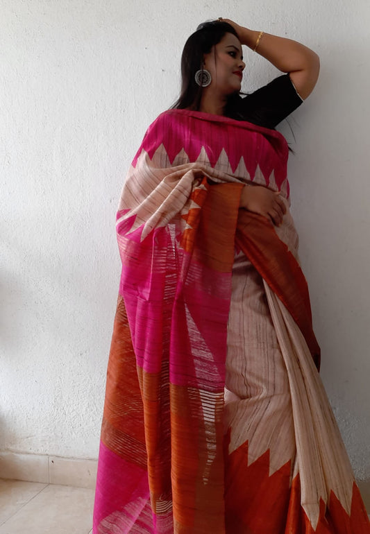 Silkmark Certified Tussar Silk Handloom Handblock Printed Multicolor Saree-Indiehaat