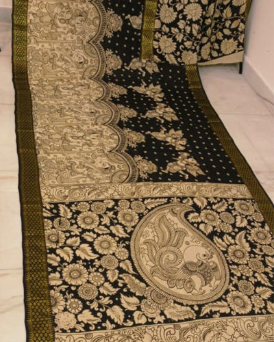 Indiehaat | Mangalagiri Silk Handpainted Black Saree