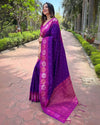 Indiehaat | Soft Silk Floral Border Contrast Zari Woven Purple & Pink Saree