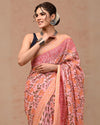 Indiehaat | Pure Mulmul Cotton Saree Peach Color handblock printed with Running Blouse