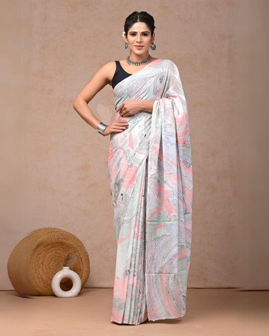 Indiehaat | Pure Mulmul Cotton Saree Light Gray Color handblock printed with Running Blouse