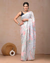 Indiehaat | Pure Mulmul Cotton Saree Light Gray Color handblock printed with Running Blouse