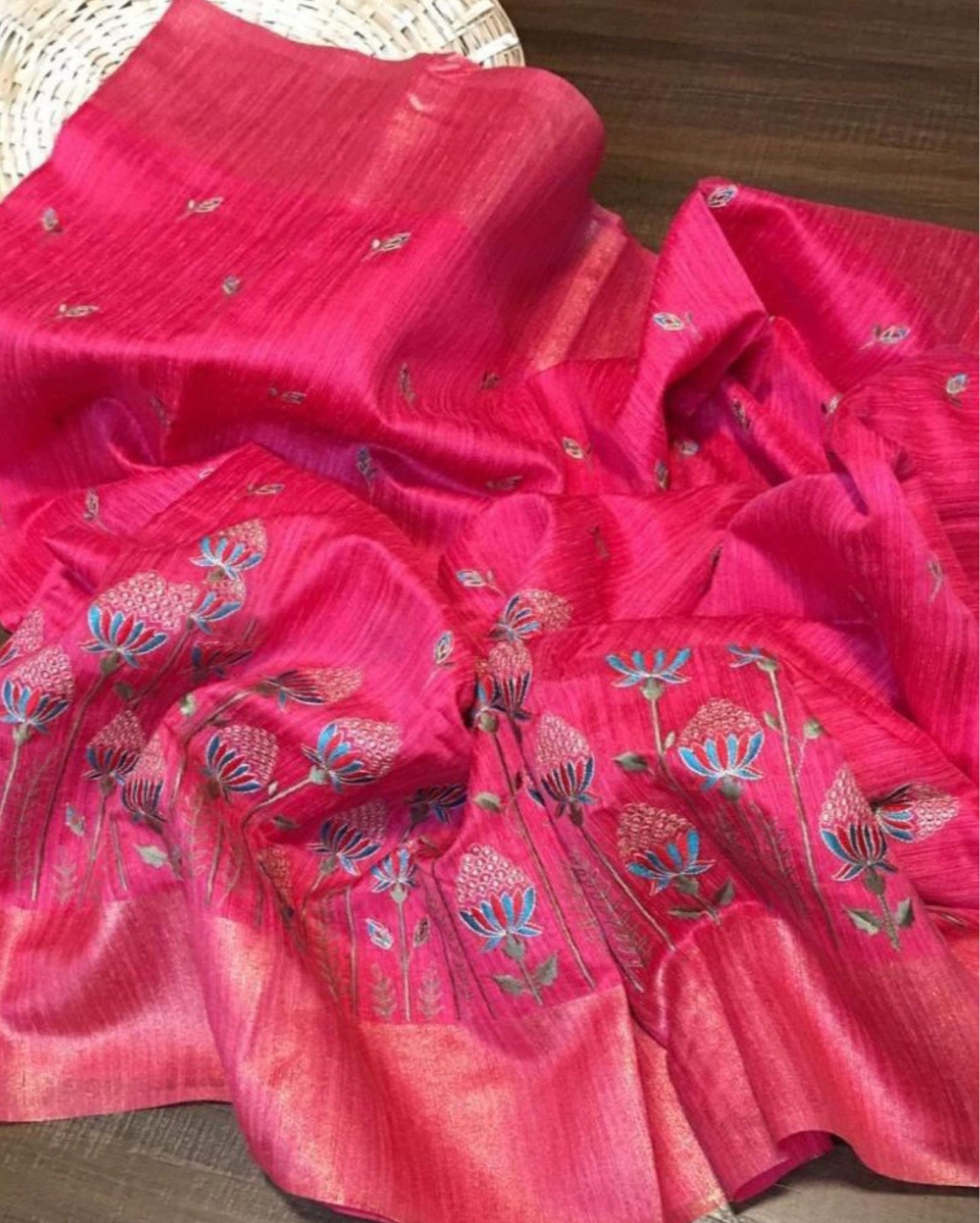 Silkmark Certified Pure Tussar Lucid Embroidered Pink Saree