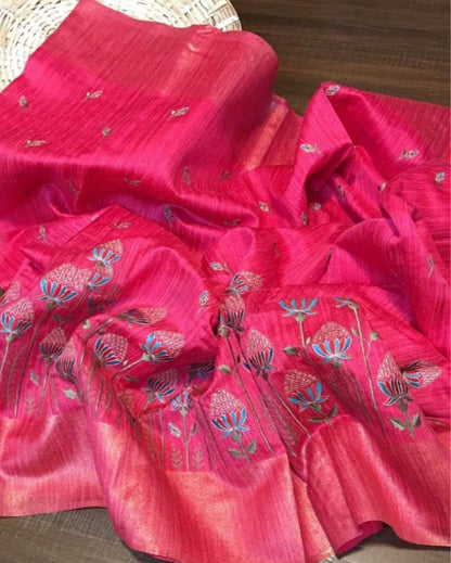 5570-Silkmark certified Pure Tussar Silk Digital Embroidered Pink Saree with Running Blouse (Tussar by Tussar)