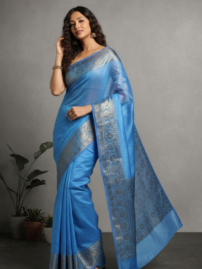 Unique Banarasi Silk Linen Blue Handloom Saree