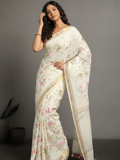 Luminous Silk Linen Embroidered Off White Saree