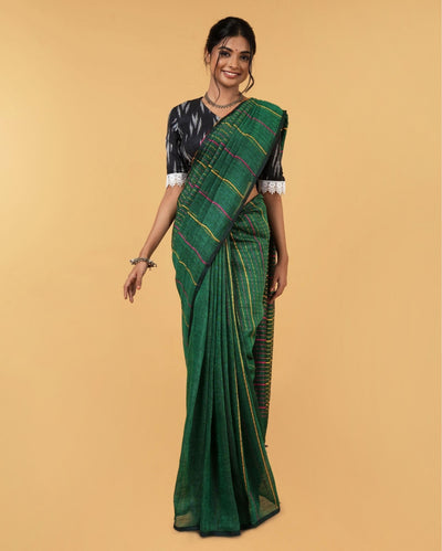 Dreamy Pure Linen Kantha Work Saree Spectra Green