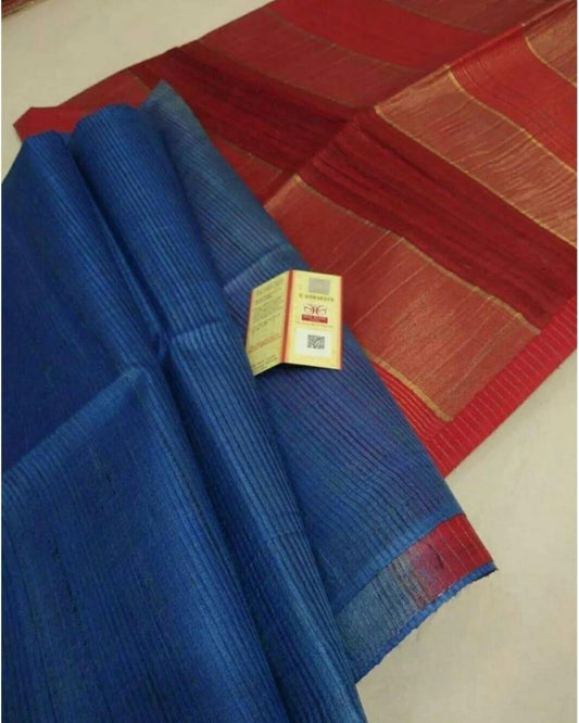 Silkmark Certified Eri Silk Tussar Striped Blue & Red Saree