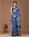 Indiehaat | Pure Mulmul Cotton Saree Indigo Color Bagru Handblock Print with Running Blouse