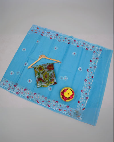 Indiehaat | Kota Doria Embroidered Blue Saree | Mesmerizing