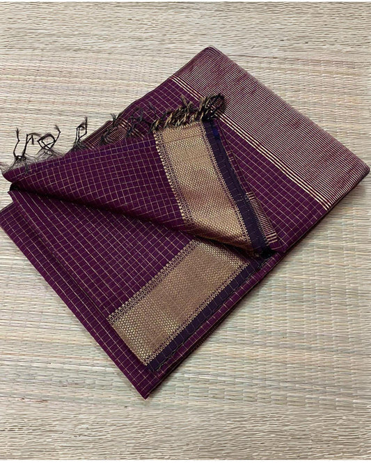 Indiehaat | Maheshwari Silk Saree  Dark Purple Color Check Design with Running Blouse