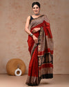 Indiehaat | Maheshwari Silk Saree Dark Red Color Bagru Handblock Printed with Running Blouse (Silk by Silk)
