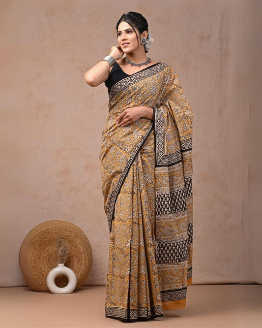 Indiehaat | Pure Mulmul Cotton Saree Brown Color handblock printed with Running Blouse