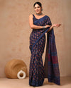 Indiehaat | Mulmul Cotton Saree Blue  Color Handblock Printed with Running Blouse