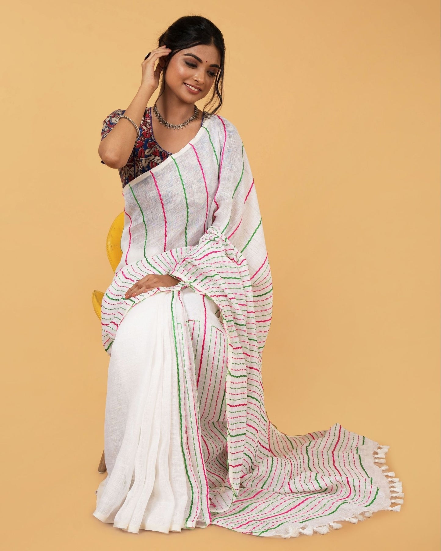 5434-Pure Linen Weaving Design Kantha Work Saree Off White Color with Kantha Blouse