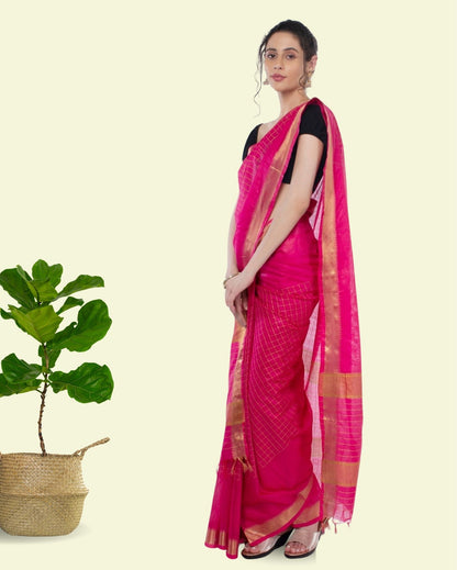 Handcrafted Kota Silk Pink Plain Saree