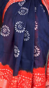 Cotton Linen Batik Print Saree Ink Blue Body Orange Pallu with running blouse-Indiehaat