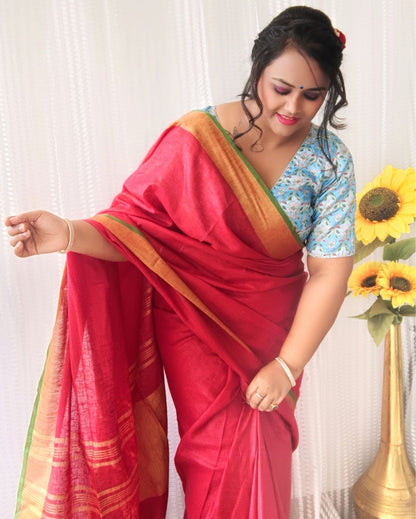 6916-Handwoven Pure Linen Red Saree with Blouse