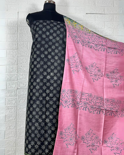 3313-Katan Silk Printed Suit Piece Black with Bottom and Dupatta Handcrafted