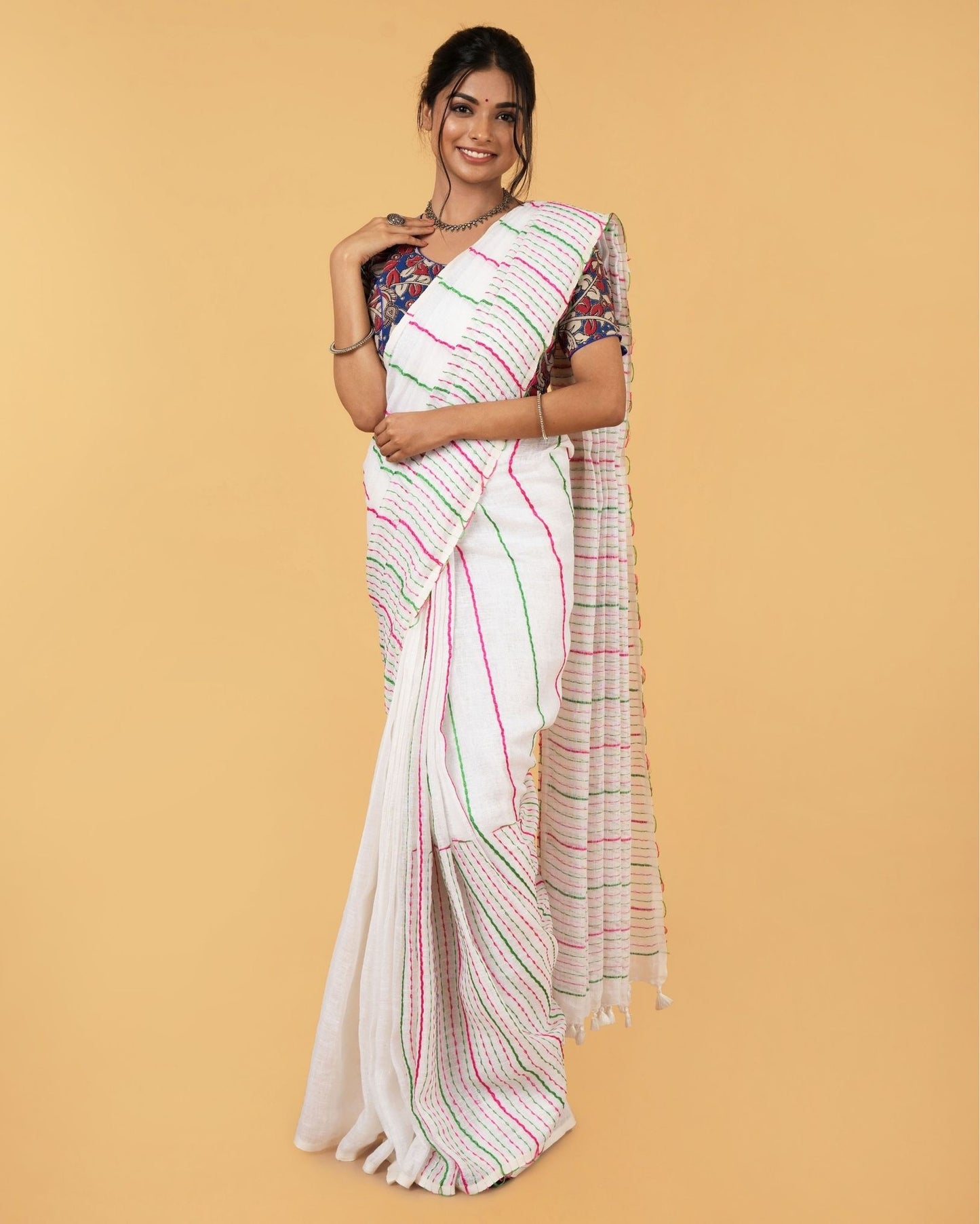 Vibrant Pure Linen Kantha Work Saree Off White