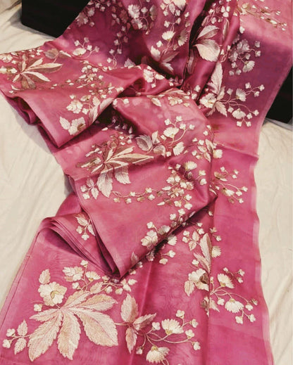 Modern Embroidered Organza Pure Silk Pink Saree