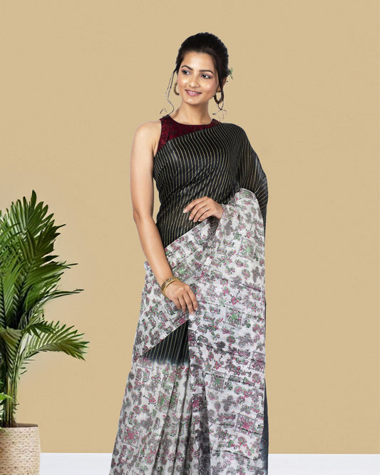 7168-Kota Silk Saree Black & White Color Body Striped with Sequence Pallu, Half Dye Half Print and Running Blouse