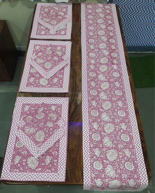 Cotton Runner and Mat Set (1 Runner+6 Mat) Dusty Rose Pink Color with Napkin (6 ) - IndieHaat
