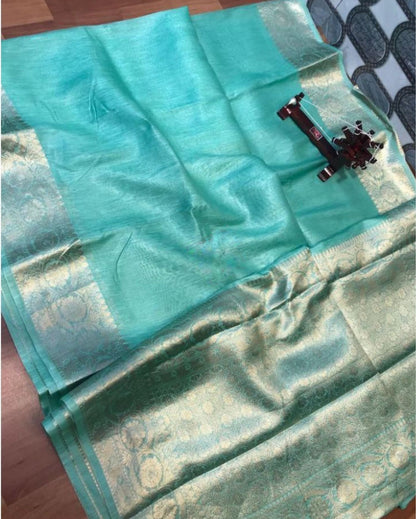 7845-Silk Linen Banarasi Brocade Handloom Winter Green  Saree with Blouse