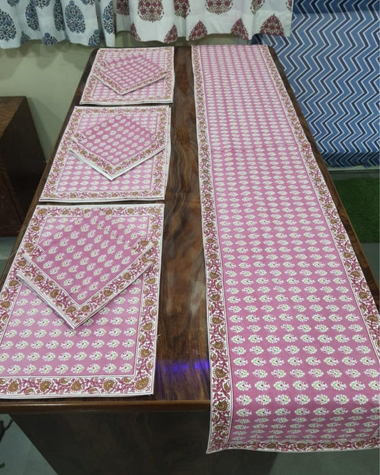 Cotton Runner and Mat Set (1 Runner+6 Mat) Dusty Rose Pink Color with Napkin (6 ) - IndieHaat