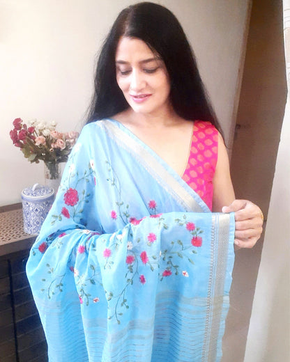 Fanciful Silk Linen Embroidered Handloom Blue Saree