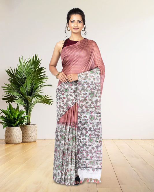 6460-Kota Silk Saree Charm Pink Color Body Striped with Sequence Pallu, Half Dye Half Print and Running Blouse