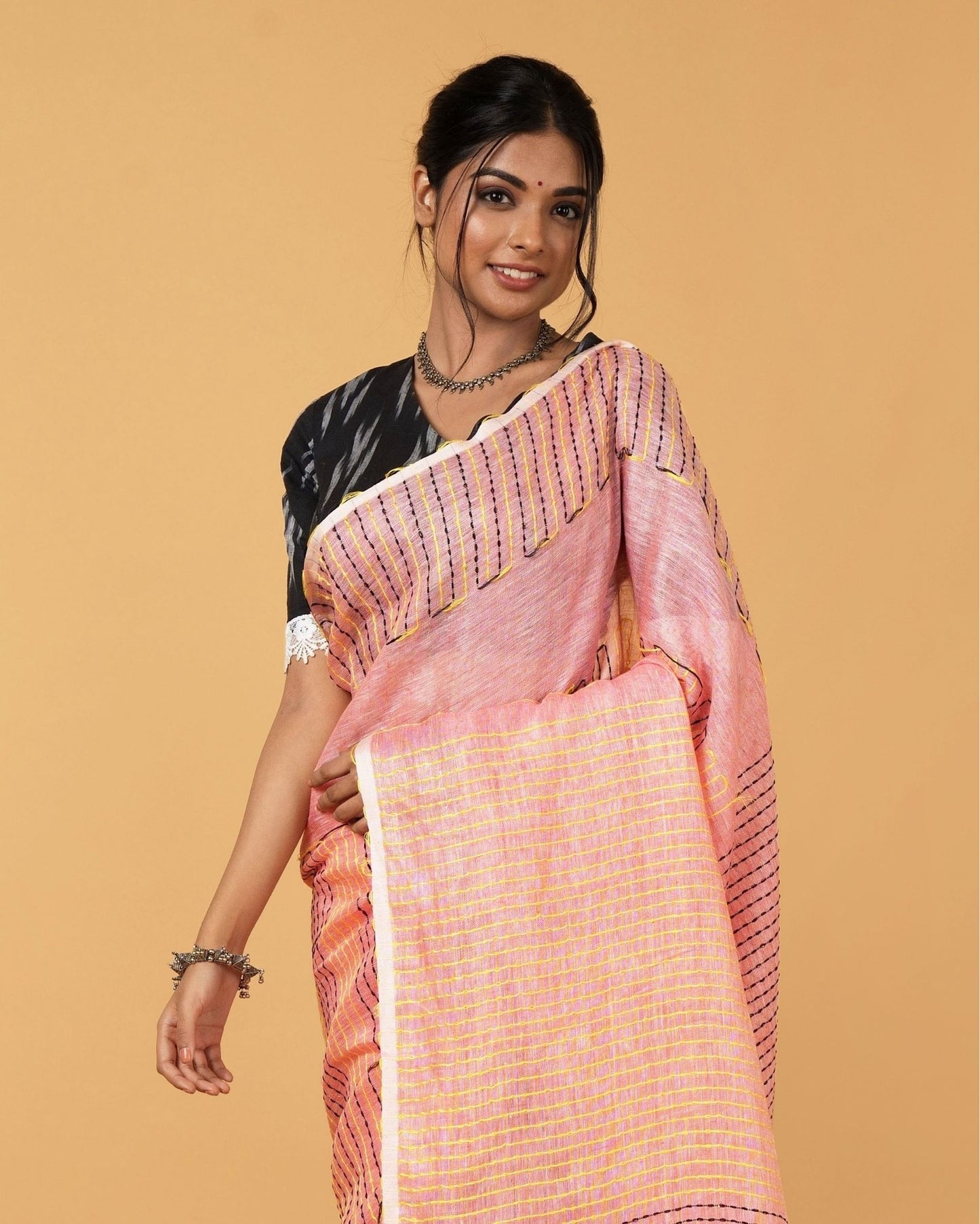 5578-Pure Linen Weaving Design Kantha Work Peach Color Saree with Kantha Blouse