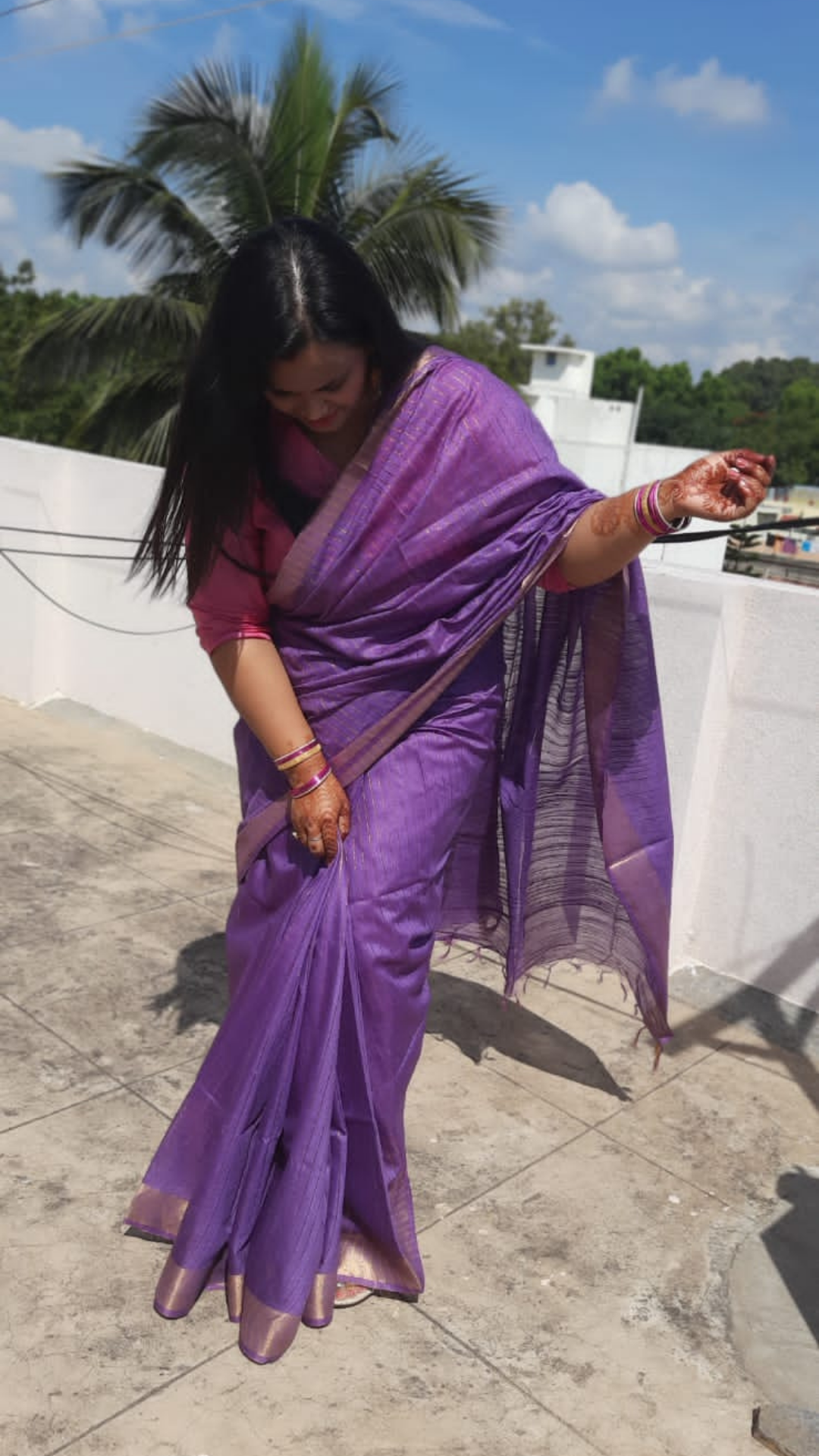 Katan Silk Purple Saree Striped Design with Running Blouse Handcrafted-Indiehaat