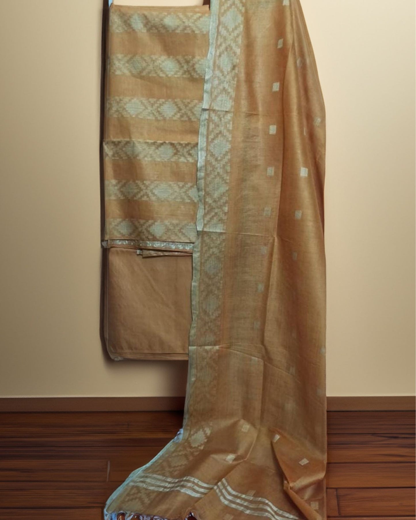 3593-Handcrafted Katan Silk Brown Suit Piece with Bottom and Dupatta