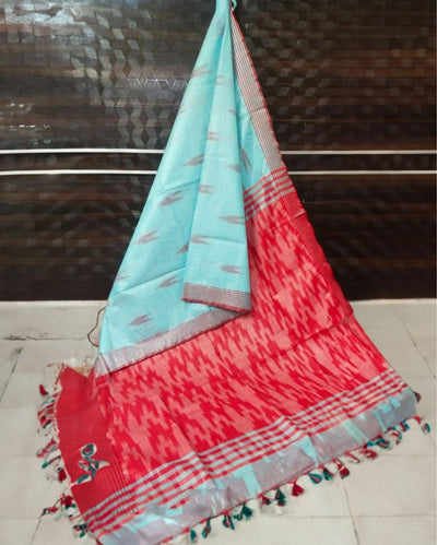 Sunny Ikkat Slub Linen Handloom Blue Saree