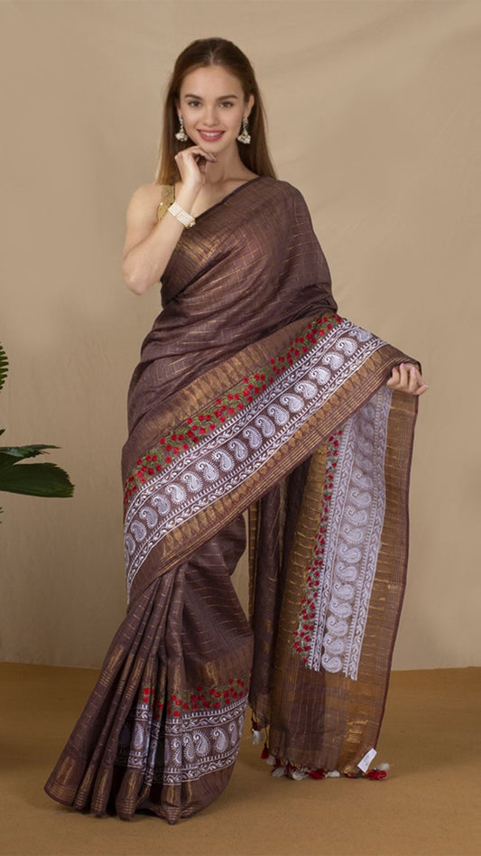 1110-Bansbara Silk Saree Brown Color Zaquard design with Golden Check and Digital Embroidery along running blouse
