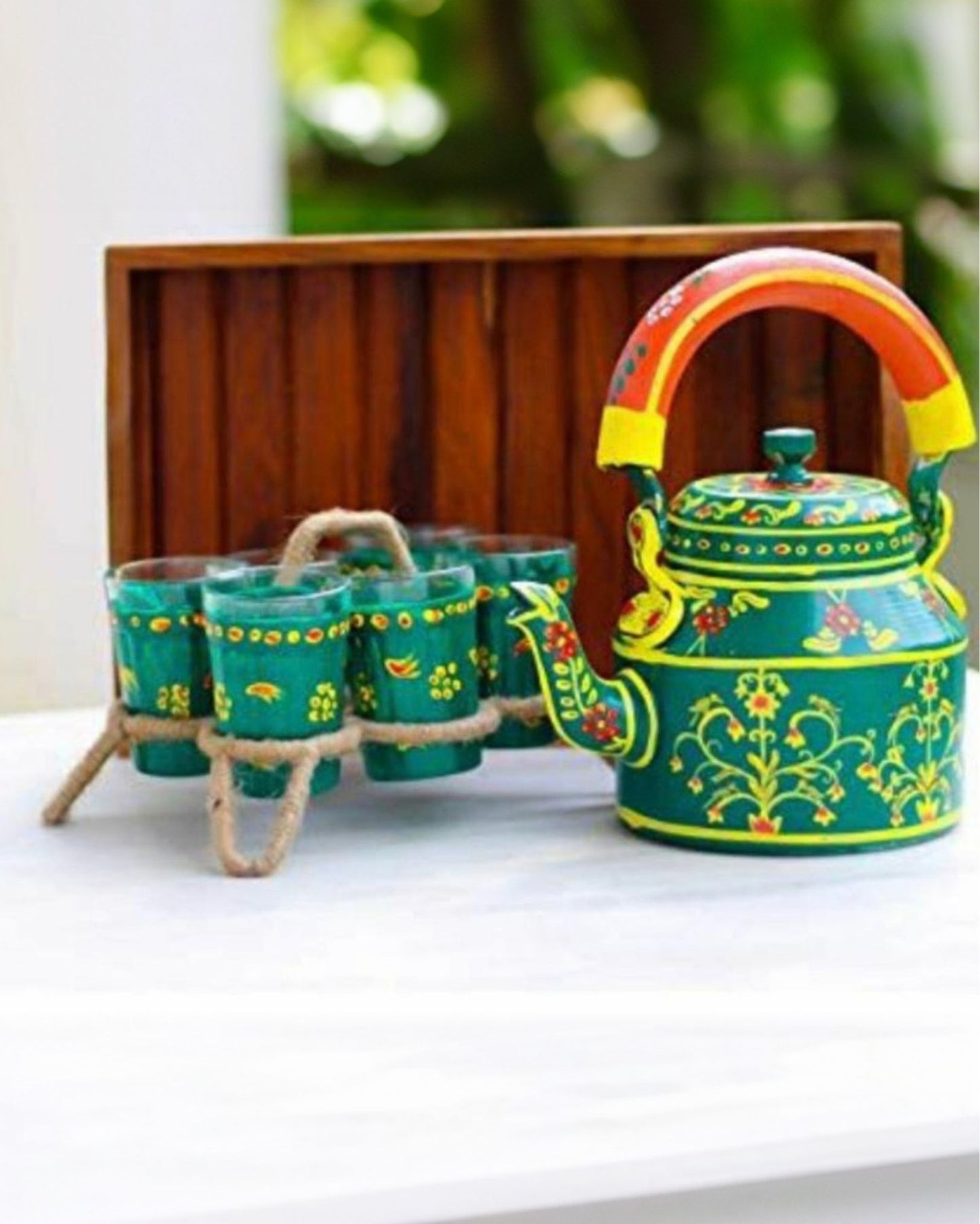 9883-Hand Painted Green Aluminium Tea Kettle With Jute Stands And 6 Glasses