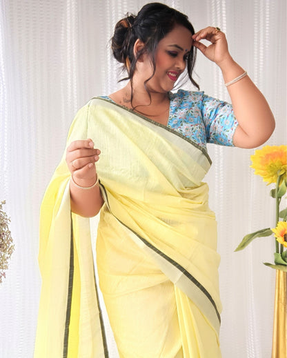 7570-Pure Linen Hand Dyed Yellow Saree with Contrast Blouse