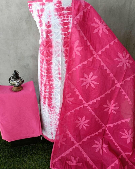 Indiehaat | Cotton Applique Suit Set Shibori Dyed White Top with pink Bottom and Dupatta