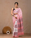 Indiehaat | Pure Mulmul Cotton Saree White with Multi Color handblock printed with Running Blouse