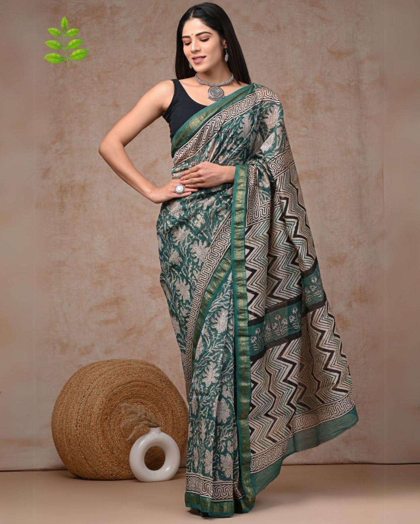 Indiehaat | Maheshwari Silk Saree Green Color Bagru Handblock Printed with Running Blouse (Silk by Silk)
