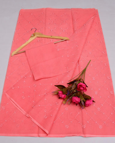 Indiehaat | Pure Cotton Kota Doria Peach Saree Embroidered