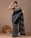 Indiehaat | Pure Mulmul Cotton Saree Black Color handblock printed with Running Blouse